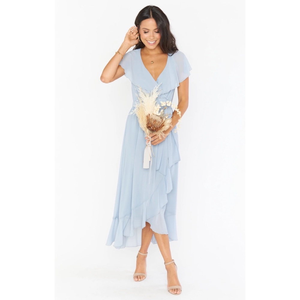 Show Me Your Mumu Jess Midi Ruffle Dress in Steel Blue Chiffon, Size M